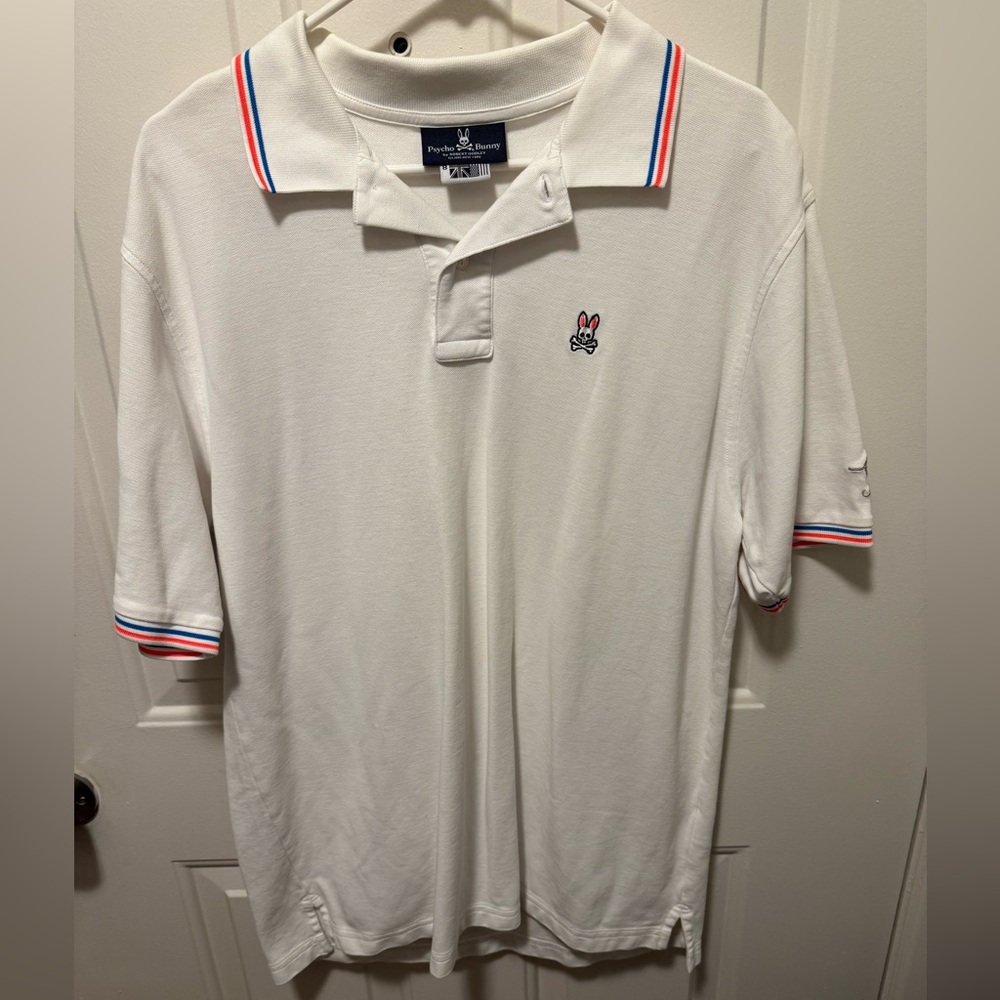 Men’s Psycho Bunny White Short-Sleeve Polo with Stripe Trim